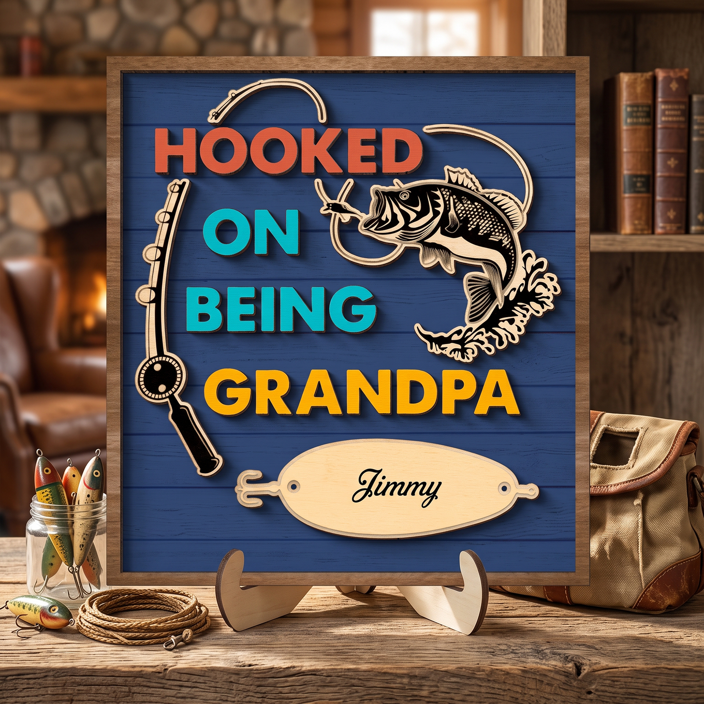 Hooked On Being Grandpa Fishing Personalized 2-Layer Wooden Plaque