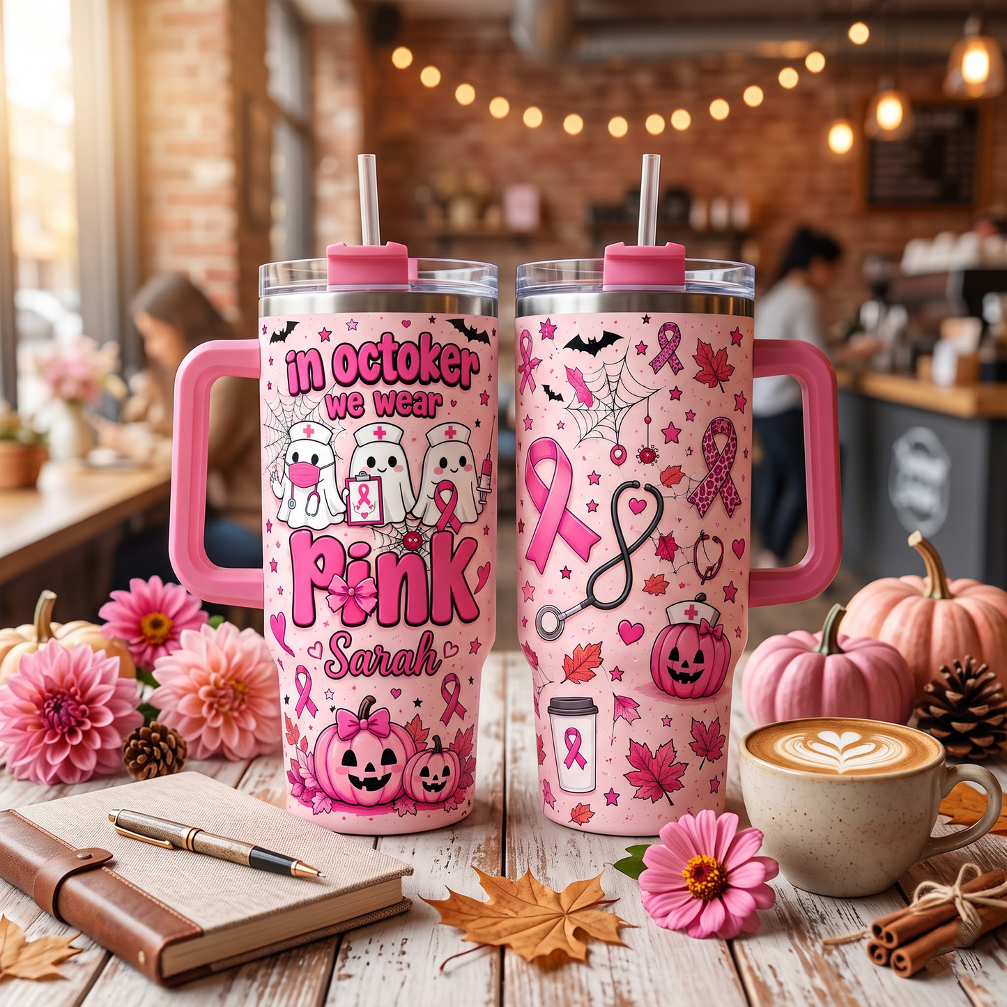 Personalized In October We Wear Pink Nurse Ghost 30oz Tumbler – Breast Cancer Awareness Halloween Travel Mug with Handle