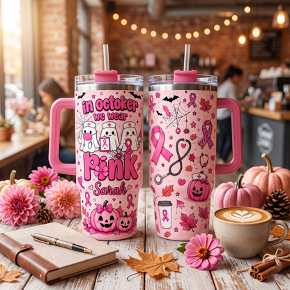 Personalized In October We Wear Pink Nurse Ghost 30oz Tumbler – Breast Cancer Awareness Halloween Travel Mug with Handle