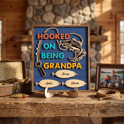 Hooked On Being Grandpa Fishing Personalized 2-Layer Wooden Plaque