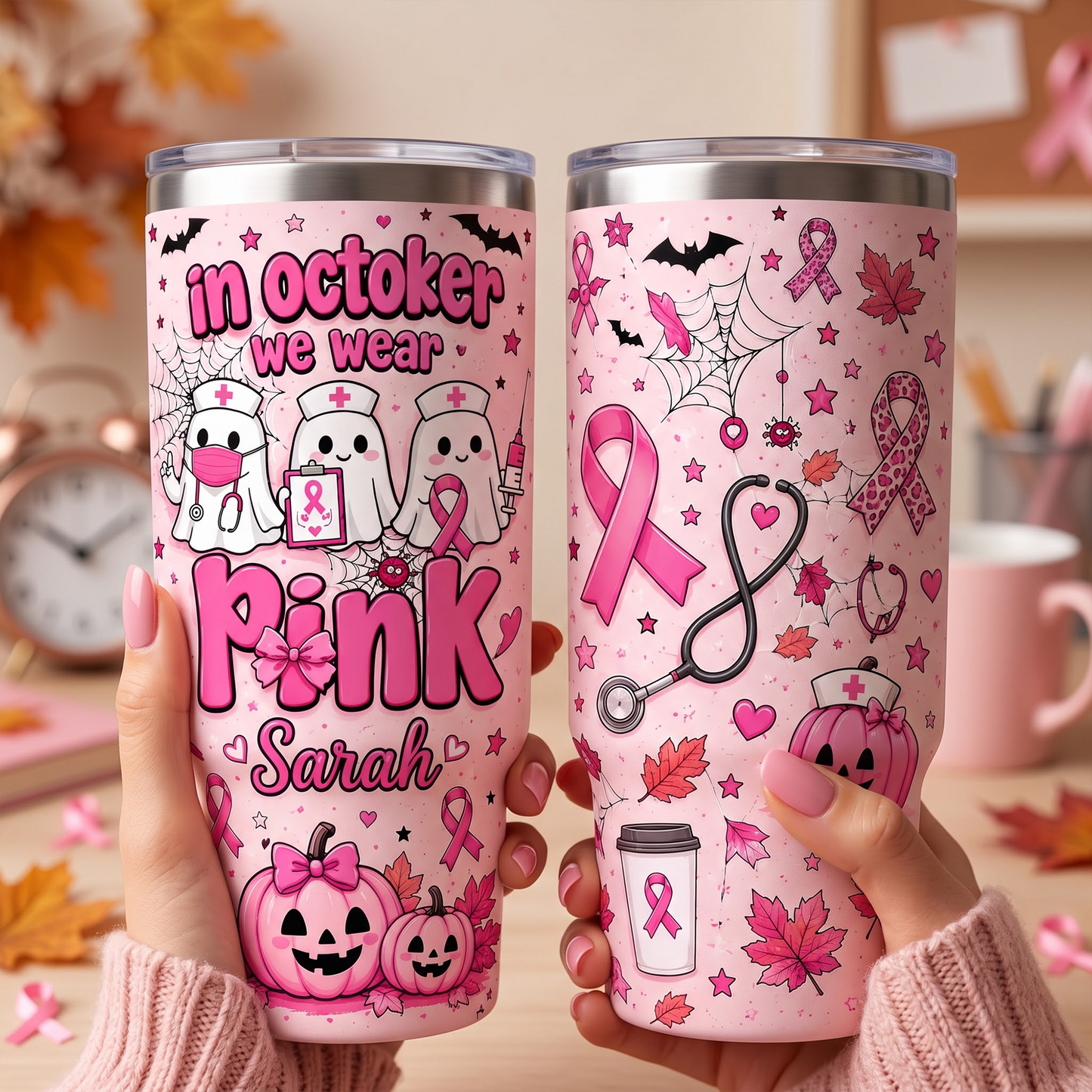 Personalized In October We Wear Pink Nurse Ghost 30oz Tumbler – Breast Cancer Awareness Halloween Travel Mug with Handle