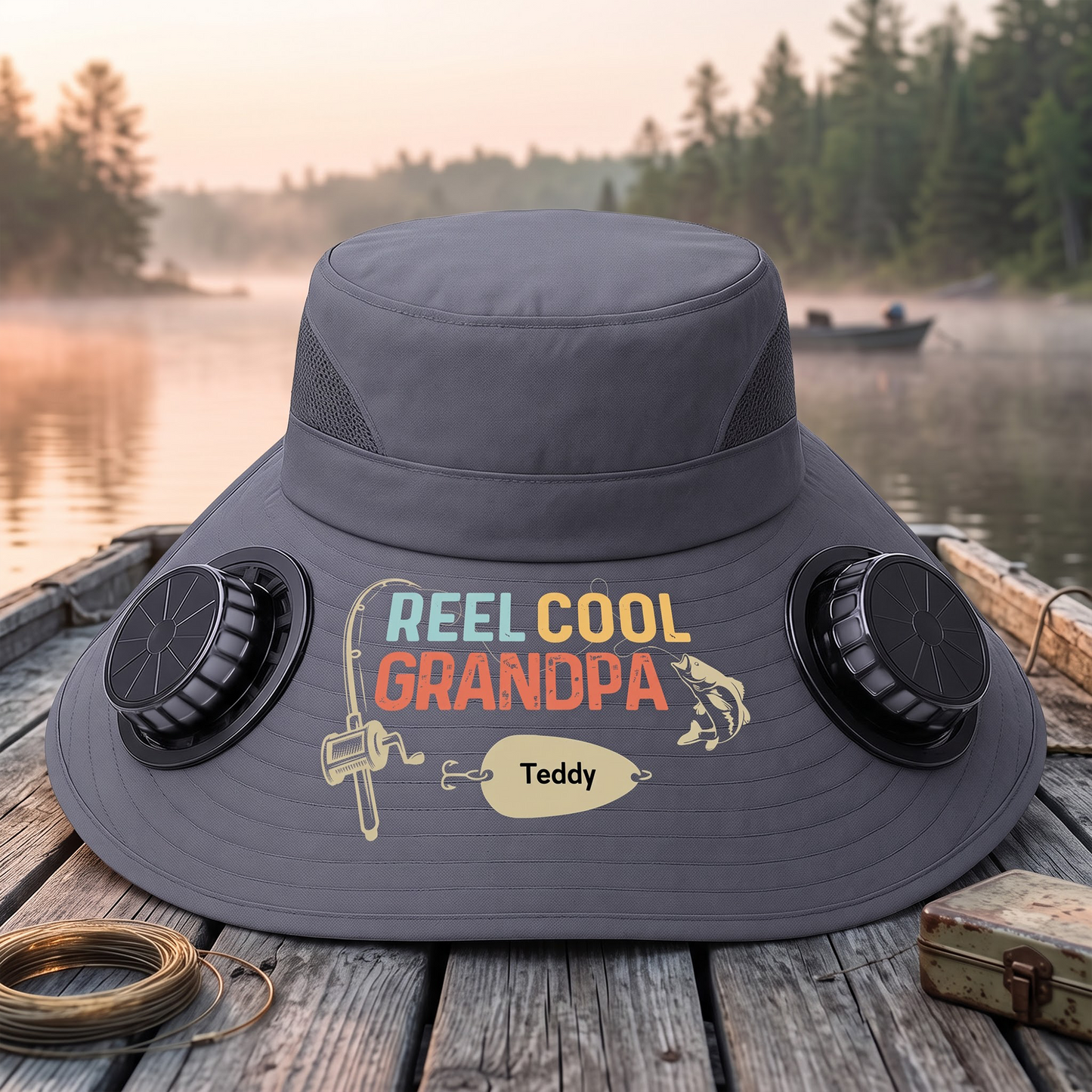 Custom Hat With Fans Solar Power - Personalized Birthday Fishing Gifts For Fisherman, Dad, Grandpa - Reel Cool Grandpa
