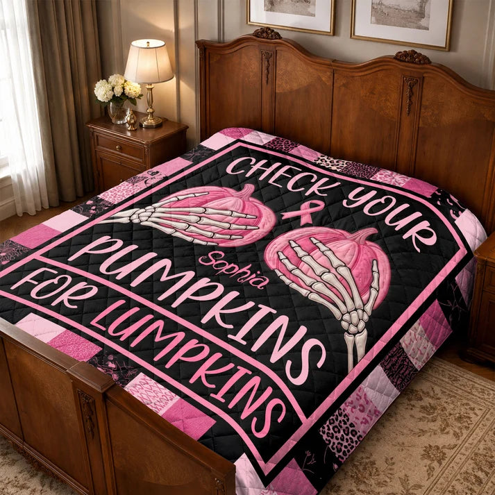 Check Your Pumpkins For Lumpkins Breast Cancer Awareness With Custom Name - Personalized Fleece Blanket