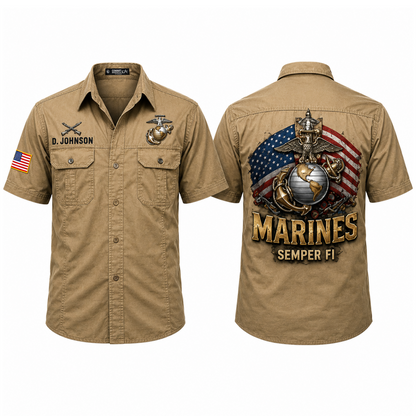 Custom US Military Branch & Unit Cotton Cargo Shirt – Personalized Veteran Name