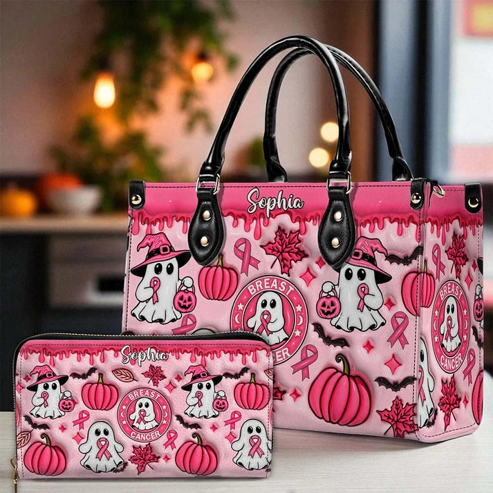 Custom Name Spooky Breast Cancer Awareness Ghost - Personalized 3D Inflated Leather PU Handbag