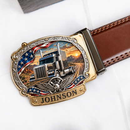 Personalized American Trucker Leather Ratchet Belt – Custom Name Truck Buckle Belt for Men
