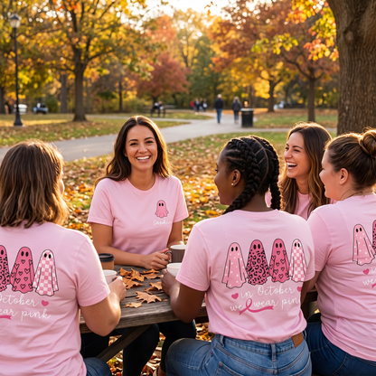 Personalized In October We Wear Pink Ghost T-Shirt, Breast Cancer Awareness Halloween Shirt, Custom Cancer Support Gift for Women