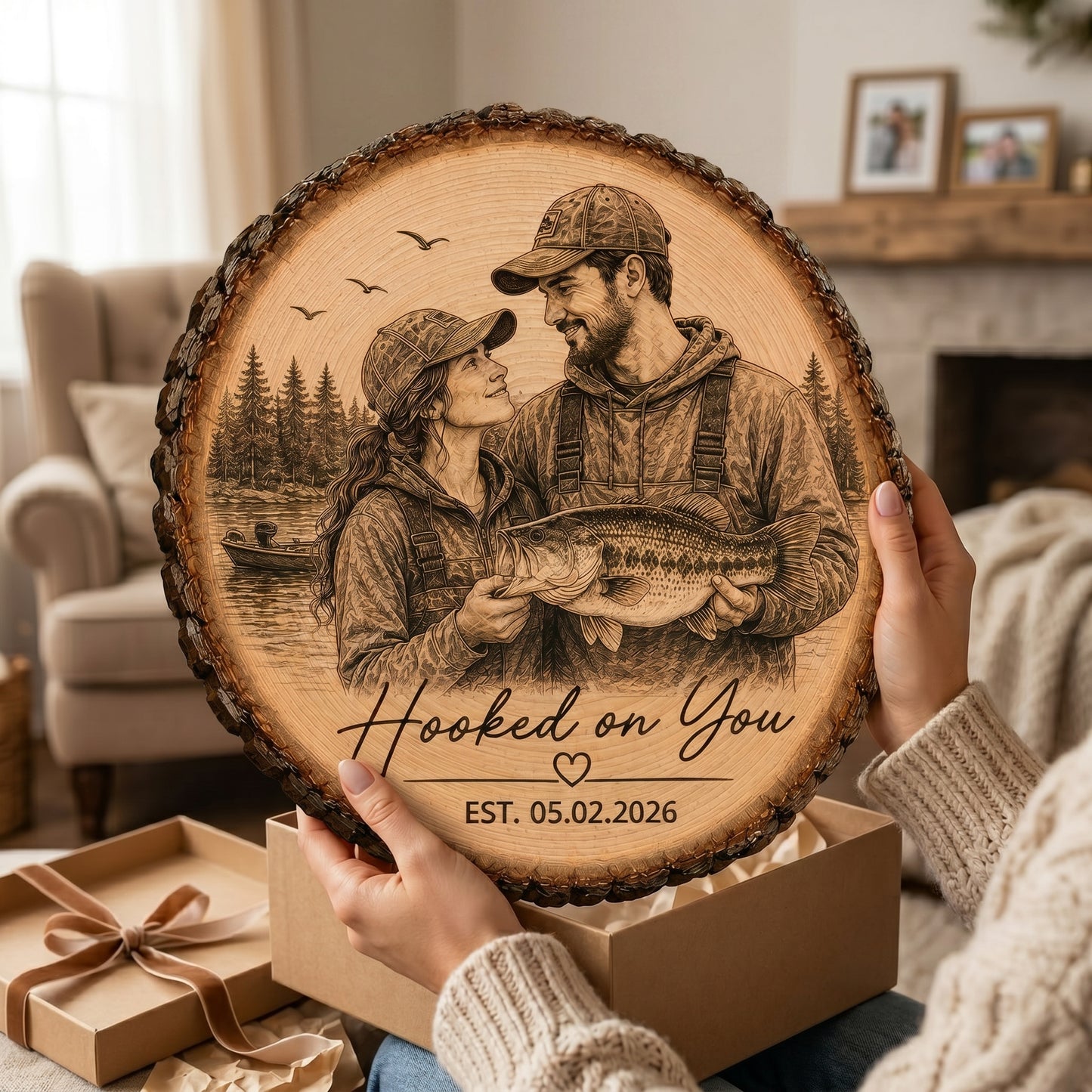 Hooked On You Fishing Couple Custom Photo - Personalized 2-Layered Wooden Plaque - Anniversary Gift, Wedding Gift For Couple