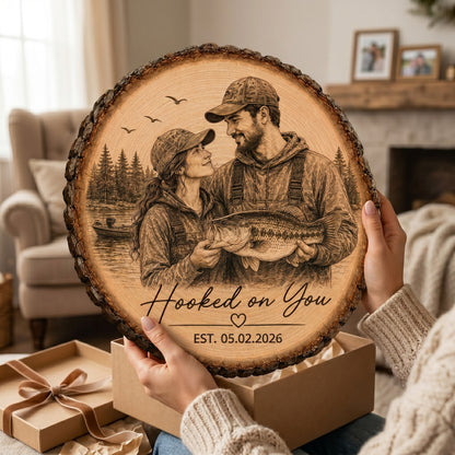 Hooked On You Fishing Couple Custom Photo - Personalized 2-Layered Wooden Plaque - Anniversary Gift, Wedding Gift For Couple