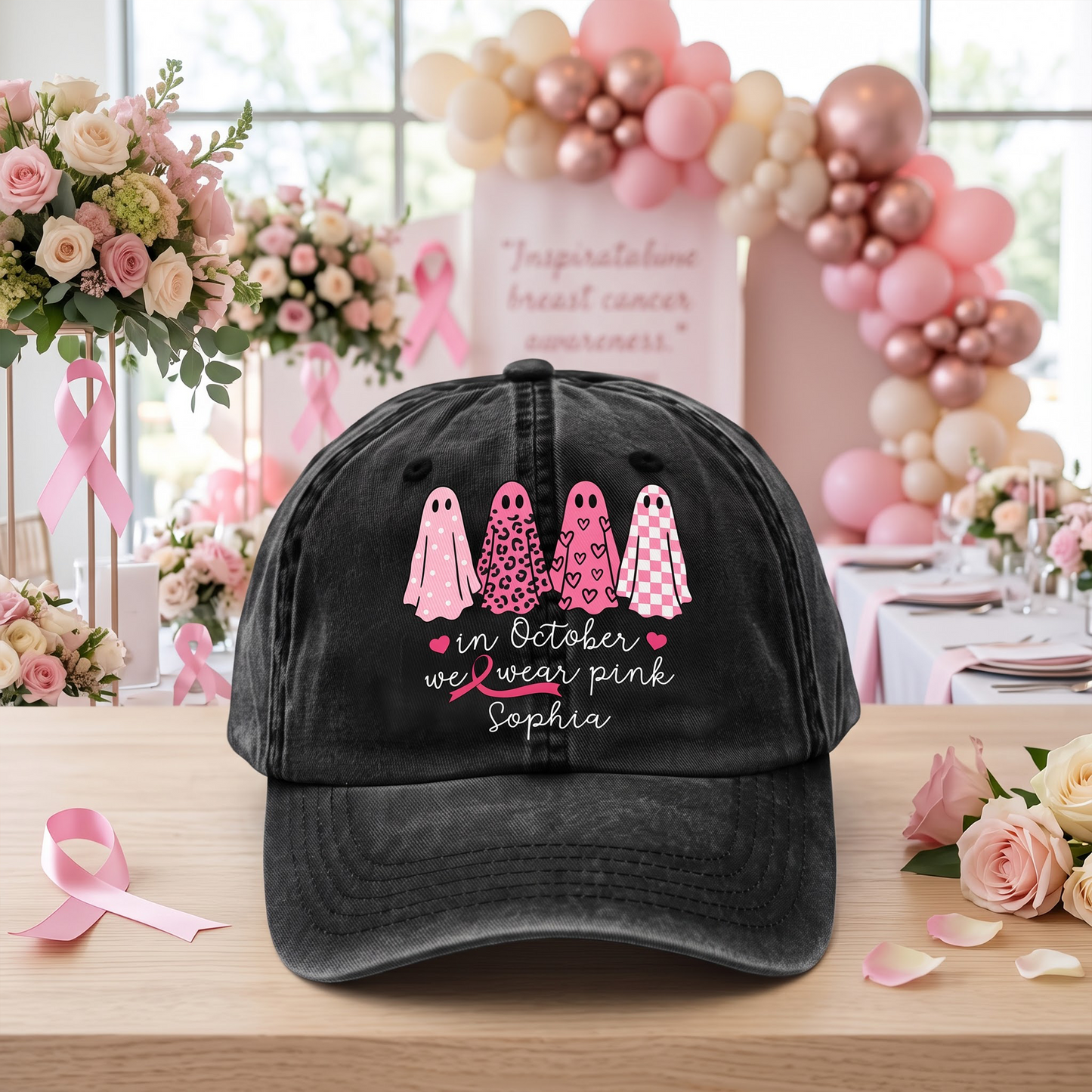 Custom Breast Cancer Distressed Washed Cotton Printed Hat , In October We Wear Pink Ghost Hat, Cancer Support Hat, Cancer Awareness Shirt, Cancer Fighter Gifts