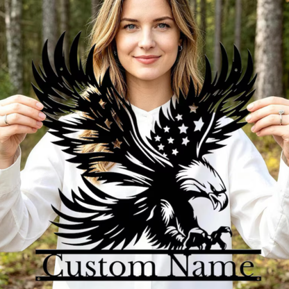 Personalized Eagle Metal Wall Decor, Eagle US Flag Sign, Custom Last Name Bald Eagle Wall Art