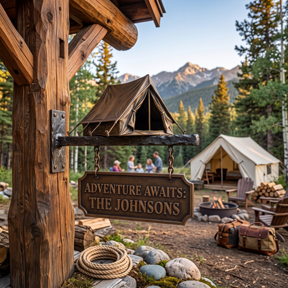 Personalized Camping Family Hanging Sign – Custom Camp Tent Wall Mount Sign
