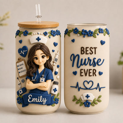 Personalized Nurse Photo Glass Can with Lid & Straw – Custom Photo Style Gift for Nurse, RN, CNA, Healthcare Worker
