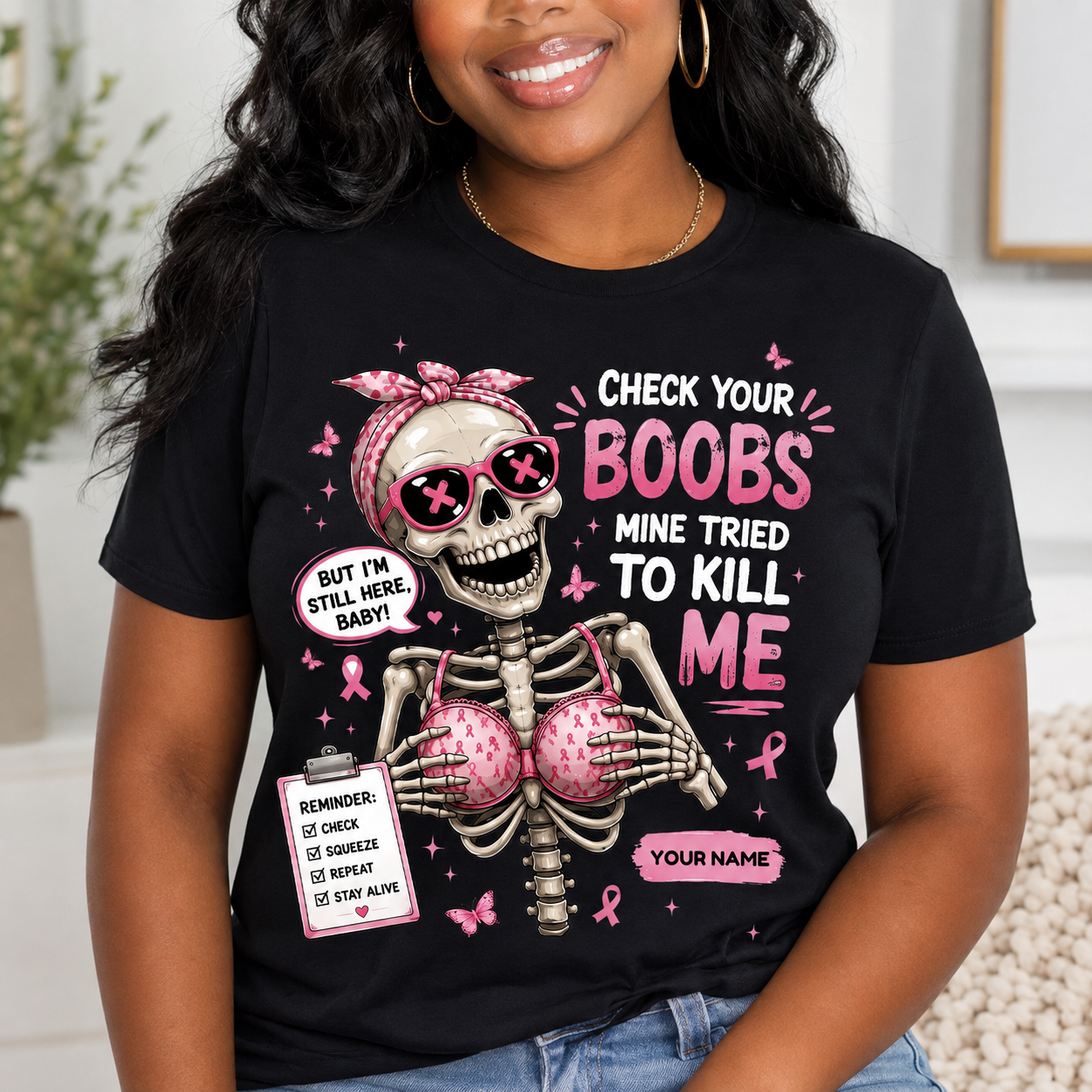 Personalized Check Your Boobs Breast Cancer Awareness T-Shirt – Funny Survivor Support Tee With Custom Name