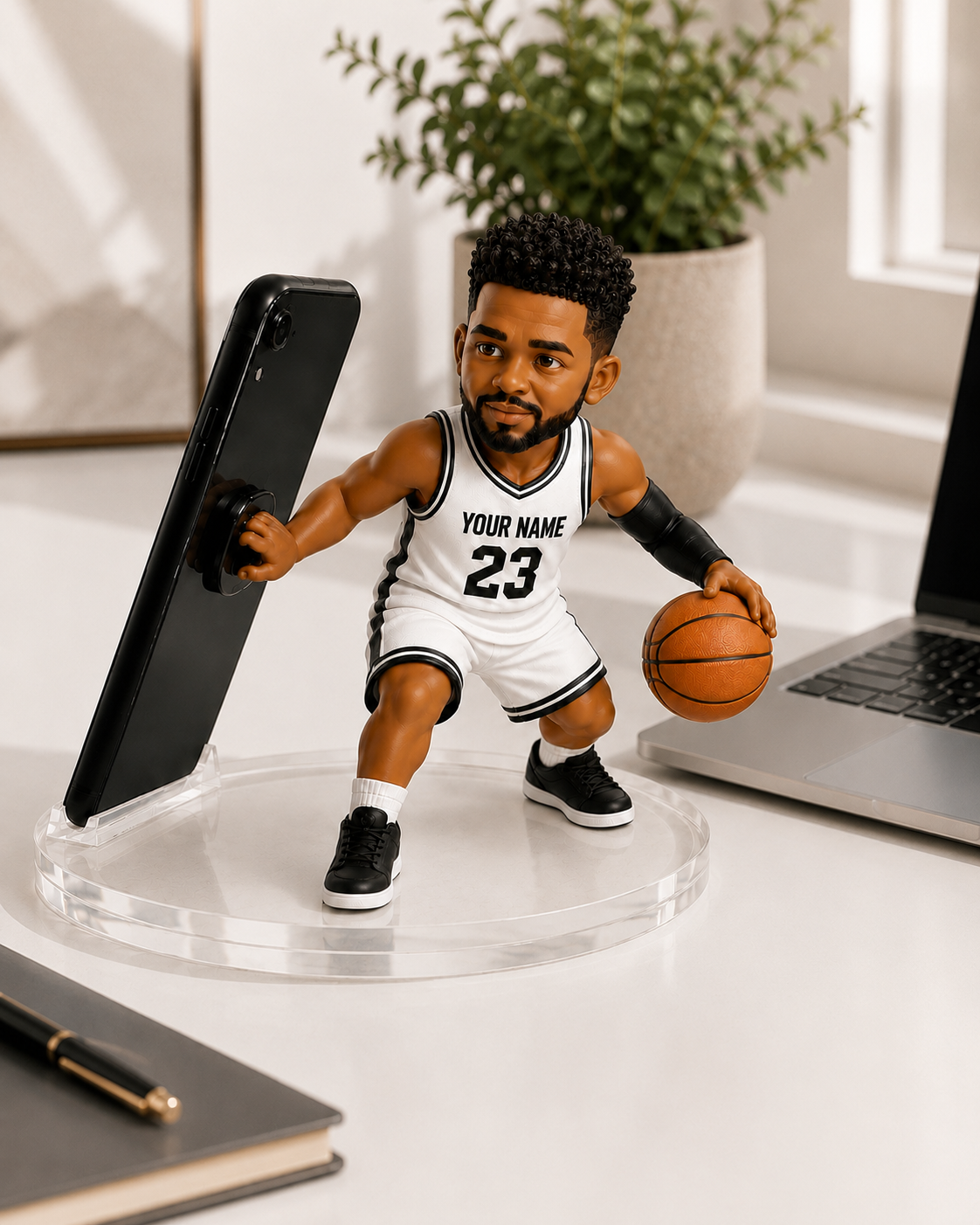 Personalized Basketball Player Phone/Tablet Holder Stand, Custom Face Basketball Mini Figure, Custom Name & Number Jersey, Basketball Gift For Kids & Adults
