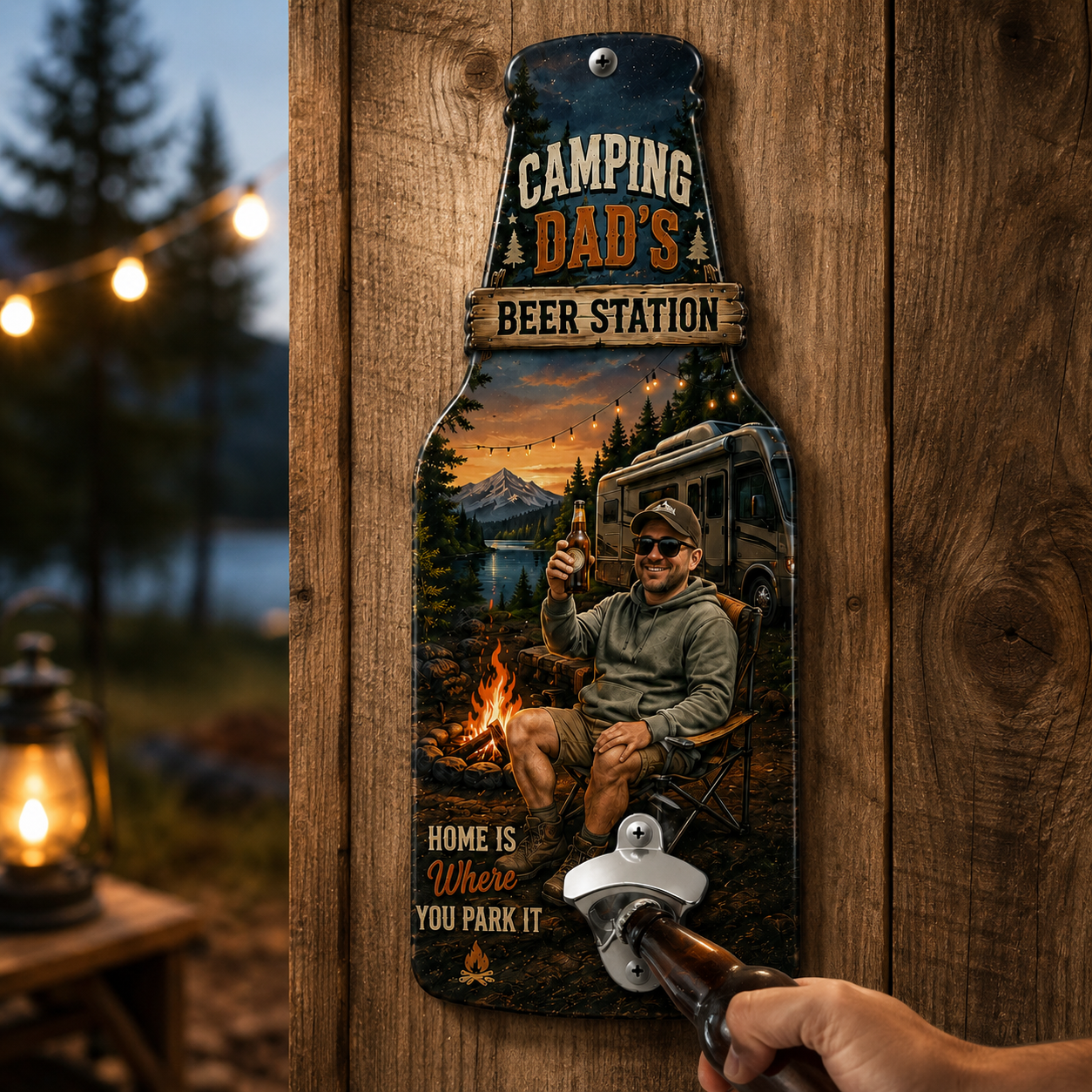Personalized Camping Dad Photo Wall Bottle Opener – Custom RV Beer Station Metal Sign, Gift for Dad