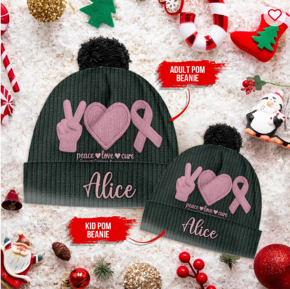 Peace Love Cure Pink Ribbon - Personalized Breast Cancer Awareness Beanie Hat