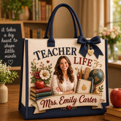 Personalized Teacher Photo Tote Bag, Custom Name Teacher Life Bag, Teacher Appreciation Tote, Custom Photo Canvas Bag, Teacher Gift for Her