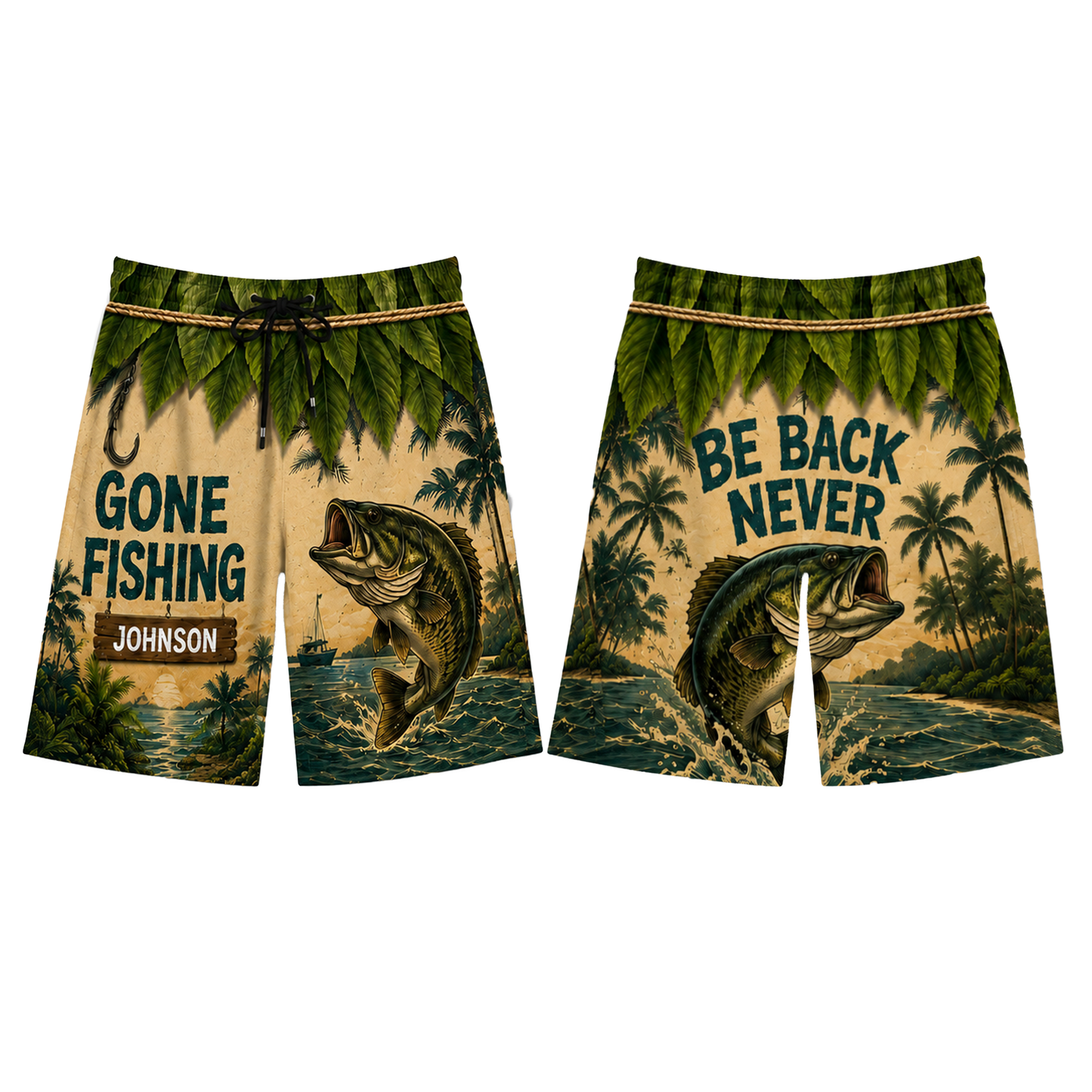 Personalized Gone Fishing Men’s Beach Shorts – Custom Name Bass Fishing Hawaiian Swim Trunks