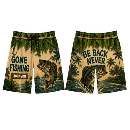 Personalized Gone Fishing Men’s Beach Shorts – Custom Name Bass Fishing Hawaiian Swim Trunks