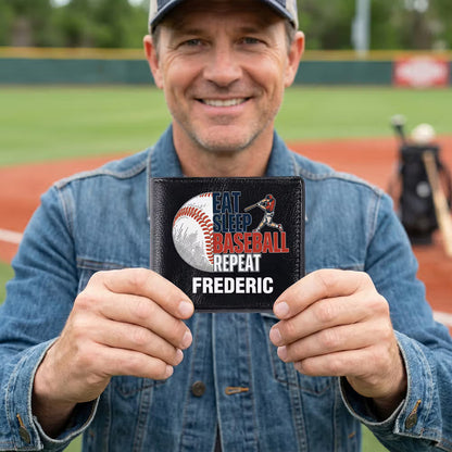 Personalised Eat Sleep Baseball Repeat PU Leather Men's Wallet with Name Father's Day Birthday Gift for Baseball Players Lovers