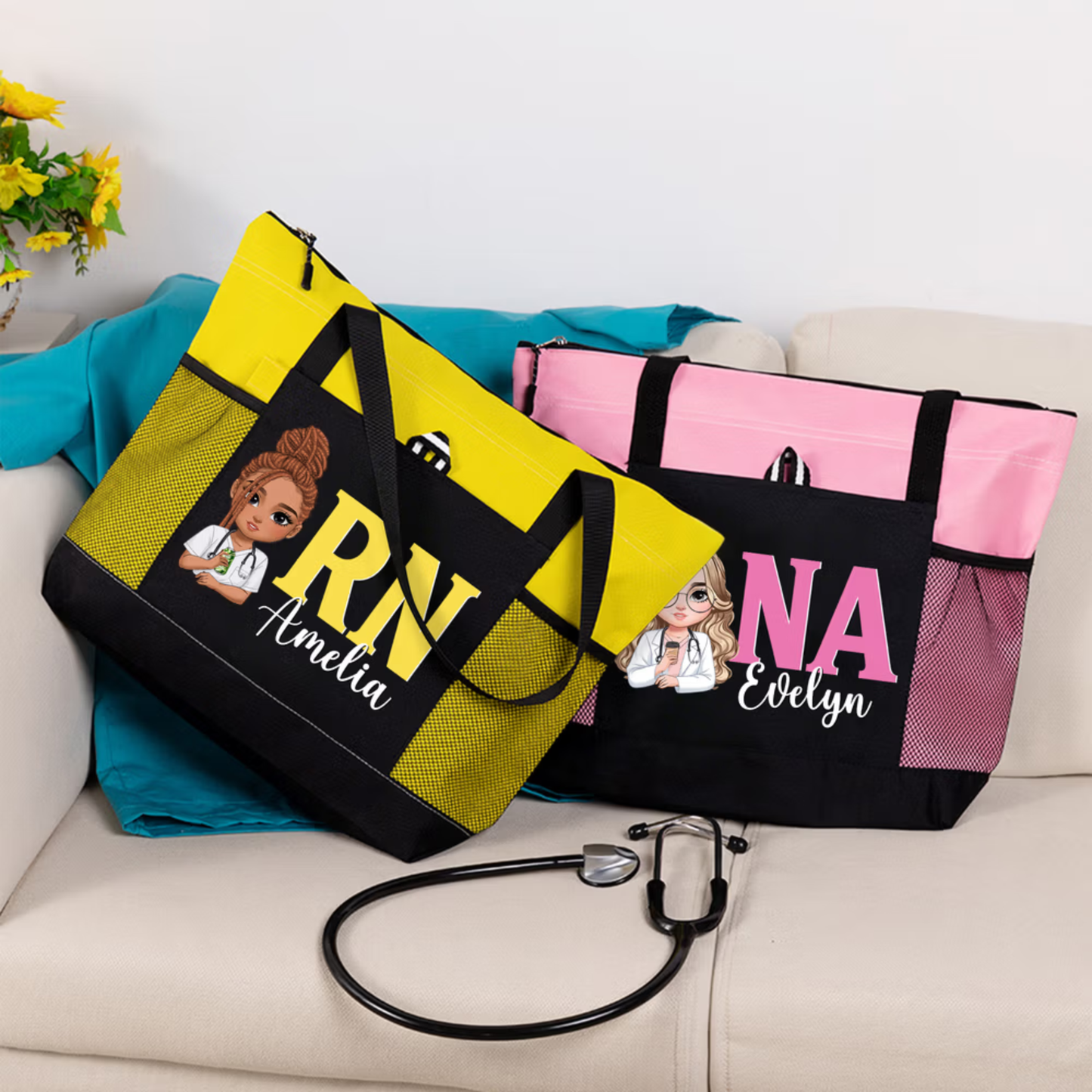 Personalised Cartoon Doctor Nurse Character Large Capacity Oxford Tote Bag with Name and Mesh Pockets Appreciation Nurse Week Gift for Medical Staff