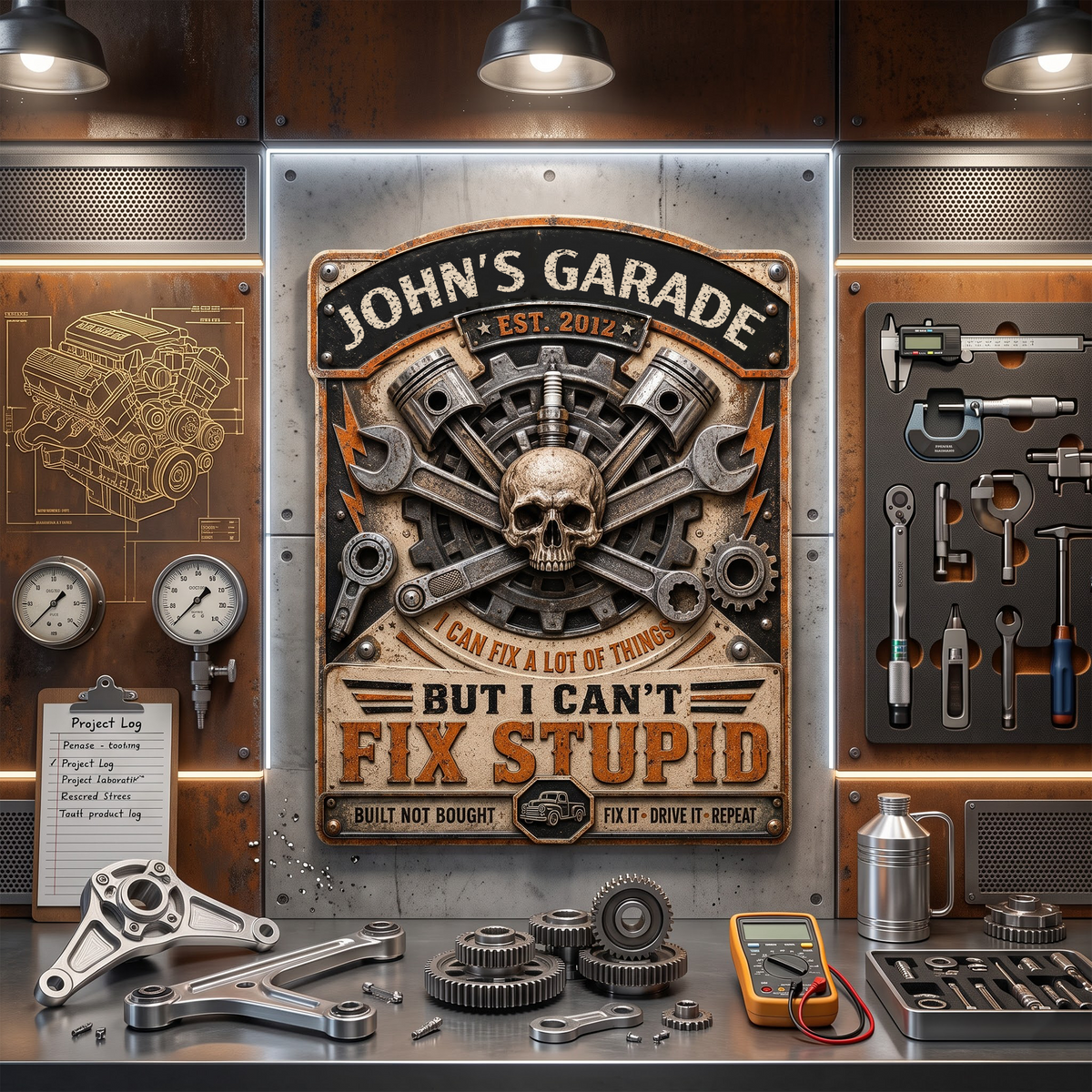 Personalized Garage Metal Sign, Custom Mechanic Shop Wall Decor, Funny Fix Stupid Sign, Automotive Garage Gift for Dad, Husband, Mechanic