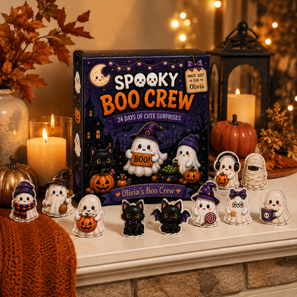 Personalized Spooky Boo Crew Halloween Advent Calendar – 24 Days of Cute Ghost Surprises, Custom Name Halloween Gift, Collectible Halloween Decor for Kids & Family