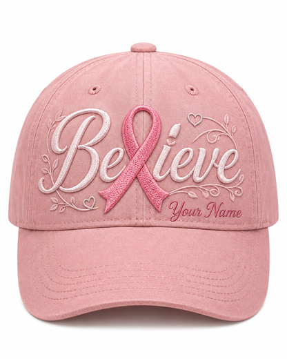 Personalized Believe Breast Cancer Awareness Cap – Custom Name Pink Ribbon Cotton Blend Hat