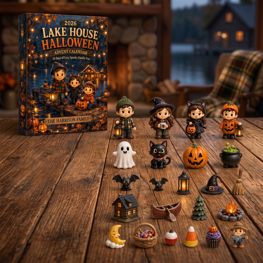 Personalized Lake House Halloween Advent Calendar 2026, Custom Family Name 24 Day Countdown Box, Cozy Spooky Figurine Set, Lakeside Halloween Gift for Families