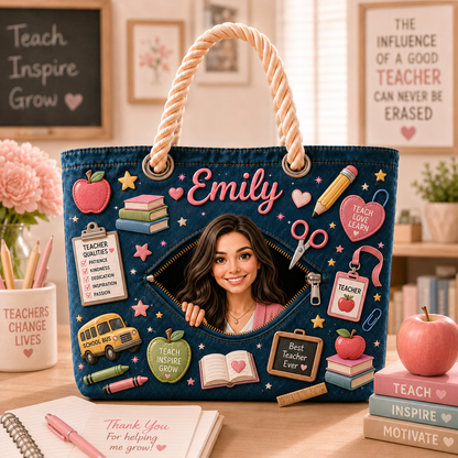 Personalized Teacher Canvas Beach Bag – Custom Name Teacher Tote Bag, Teacher Appreciation Gift
