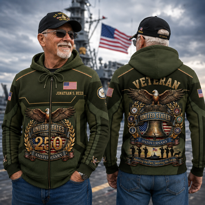 Personalized U.S. Veteran 250th Anniversary Zip Hoodie, Custom Name Military Hoodie, Patriotic United States 1776–2026 Veteran Gift