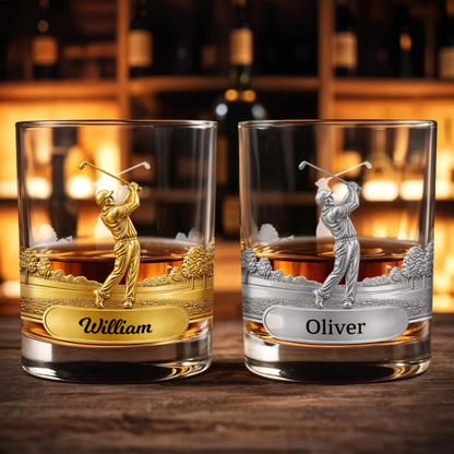 Personalised Golf Swing Character Name 10 oz Rock Old Fashioned Whiskey Glass Father's Day Birthday Gift for Man Golf Lover