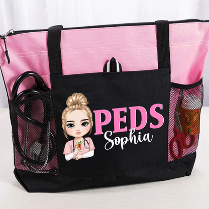 Personalised Cartoon Doctor Nurse Character Large Capacity Oxford Tote Bag with Name and Mesh Pockets Appreciation Nurse Week Gift for Medical Staff