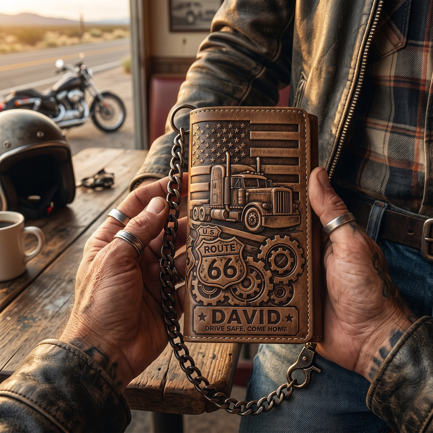 Personalized Truck Driver Leather Wallet with Chain – Custom Engraved Name, Route 66 Tri-Fold Wallet Gift for Husband, Dad & Biker