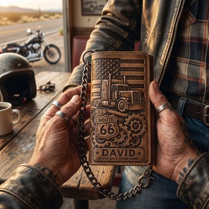 Personalized Truck Driver Leather Wallet with Chain – Custom Engraved Name, Route 66 Tri-Fold Wallet Gift for Husband, Dad & Biker