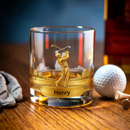 Personalised Golf Swing Character Name 10 oz Rock Old Fashioned Whiskey Glass Father's Day Birthday Gift for Man Golf Lover