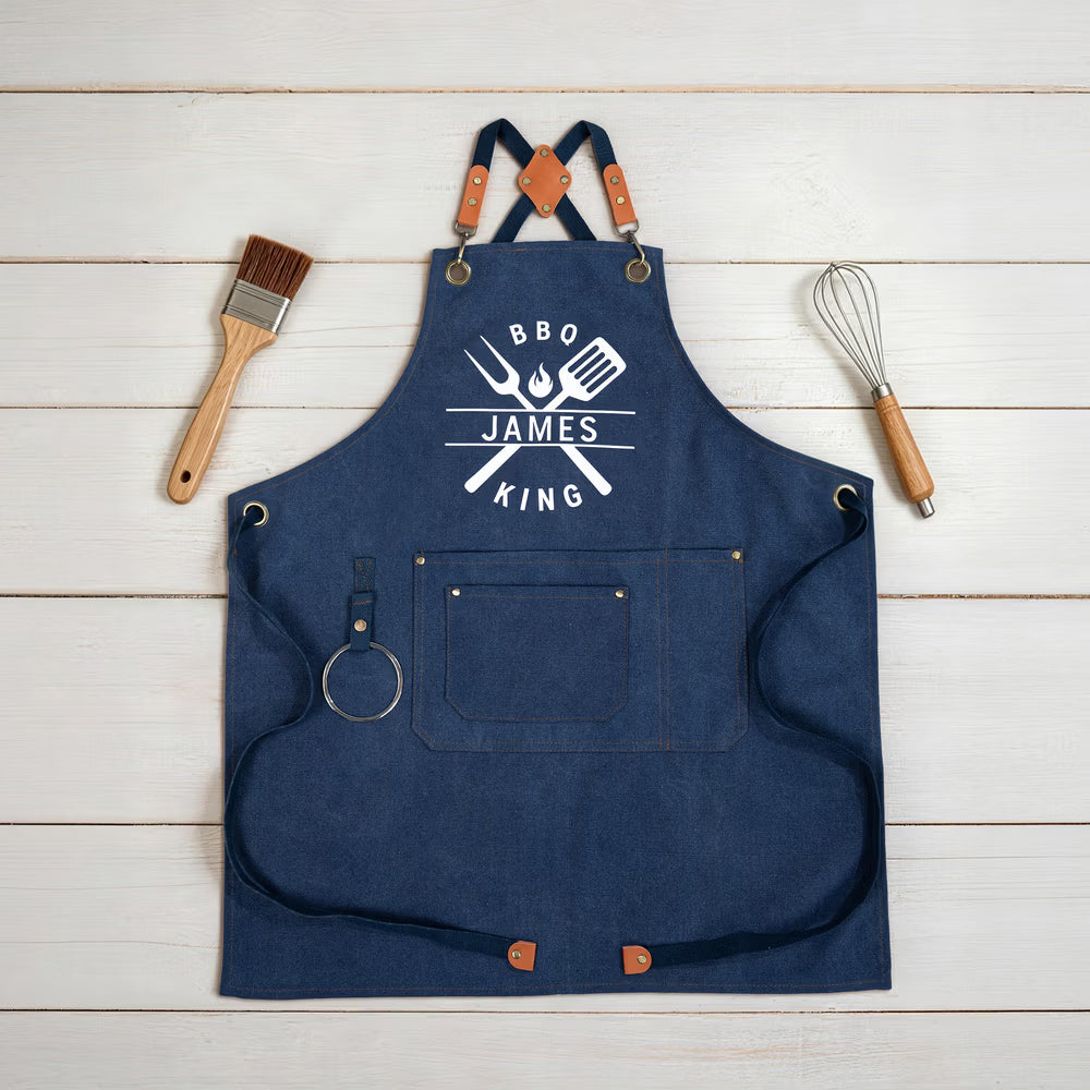Personalised BBQ King Canvas Apron with Name and Pocket Kitchen Accessory Father's Day Birthday Anniversary Gift for Dad Husband Cooking Lover