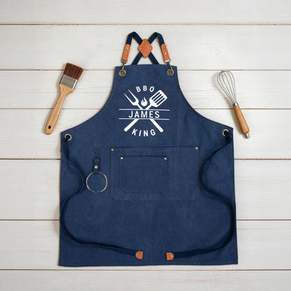 Personalised BBQ King Canvas Apron with Name and Pocket Kitchen Accessory Father's Day Birthday Anniversary Gift for Dad Husband Cooking Lover