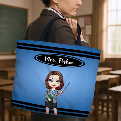 Personalised Pencil Crayon Cartoon Teacher Large Capacity Tote Bag with Name Teacher's Day Back to School Appreciation Birthday Gift for Teacher
