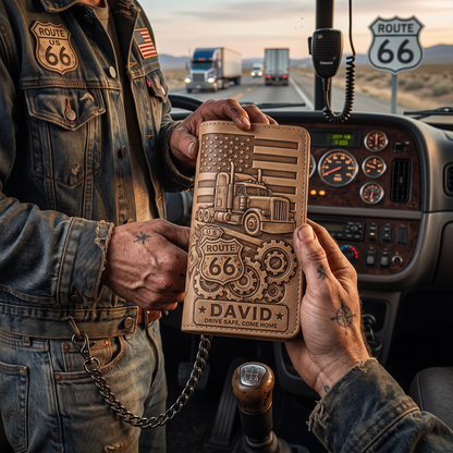 Personalized Truck Driver Leather Wallet with Chain – Custom Engraved Name, Route 66 Tri-Fold Wallet Gift for Husband, Dad & Biker