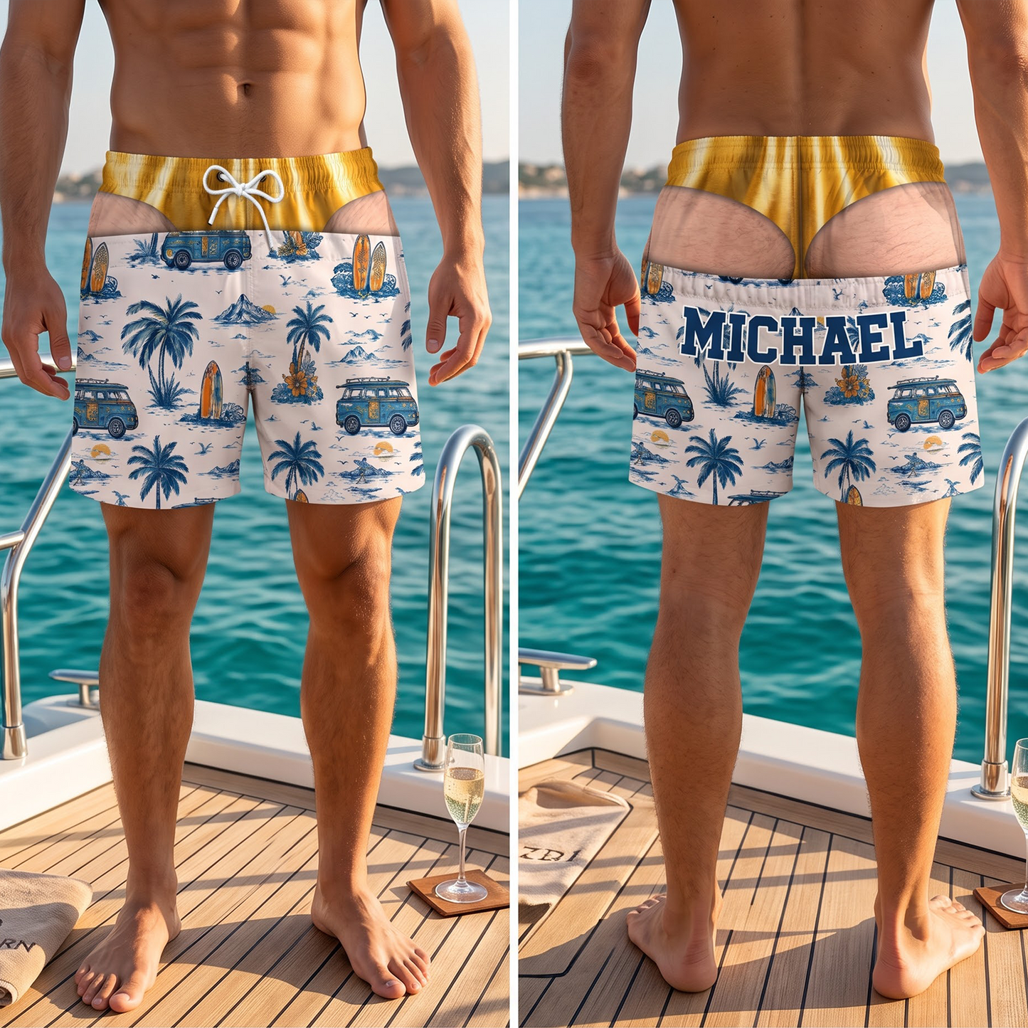 Custom Name Funny Men's Swim Trunks, Novelty Beach Shorts, Patriotic Summer Vacation Swimwear, Prank Gift for Men