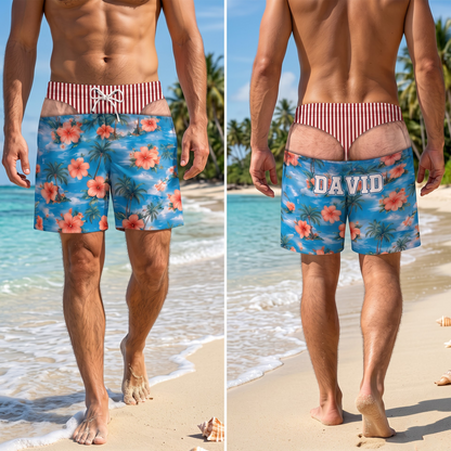 Custom Name Funny Men's Swim Trunks, Novelty Beach Shorts, Patriotic Summer Vacation Swimwear, Prank Gift for Men