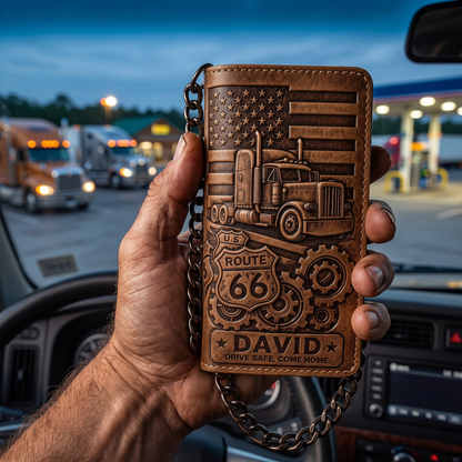 Personalized Truck Driver Leather Wallet with Chain – Custom Engraved Name, Route 66 Tri-Fold Wallet Gift for Husband, Dad & Biker