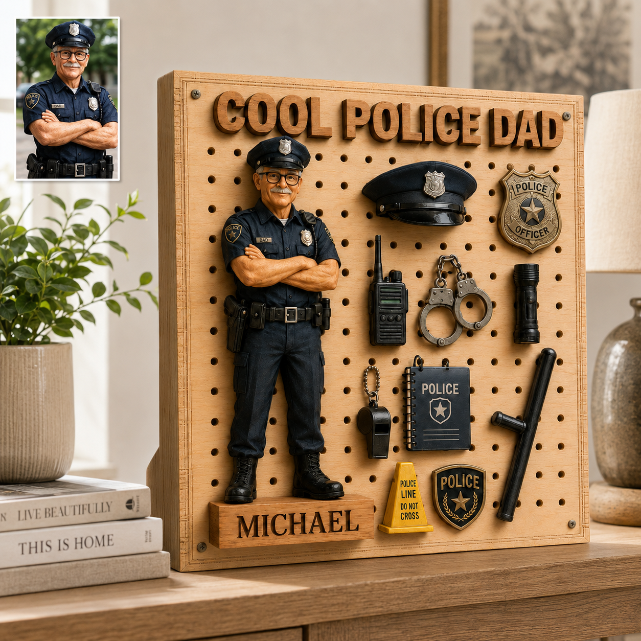 Cool Police Dad - Personalized 2-Layer Wooden Sign, Custom Photo Police Officer Dad Gift