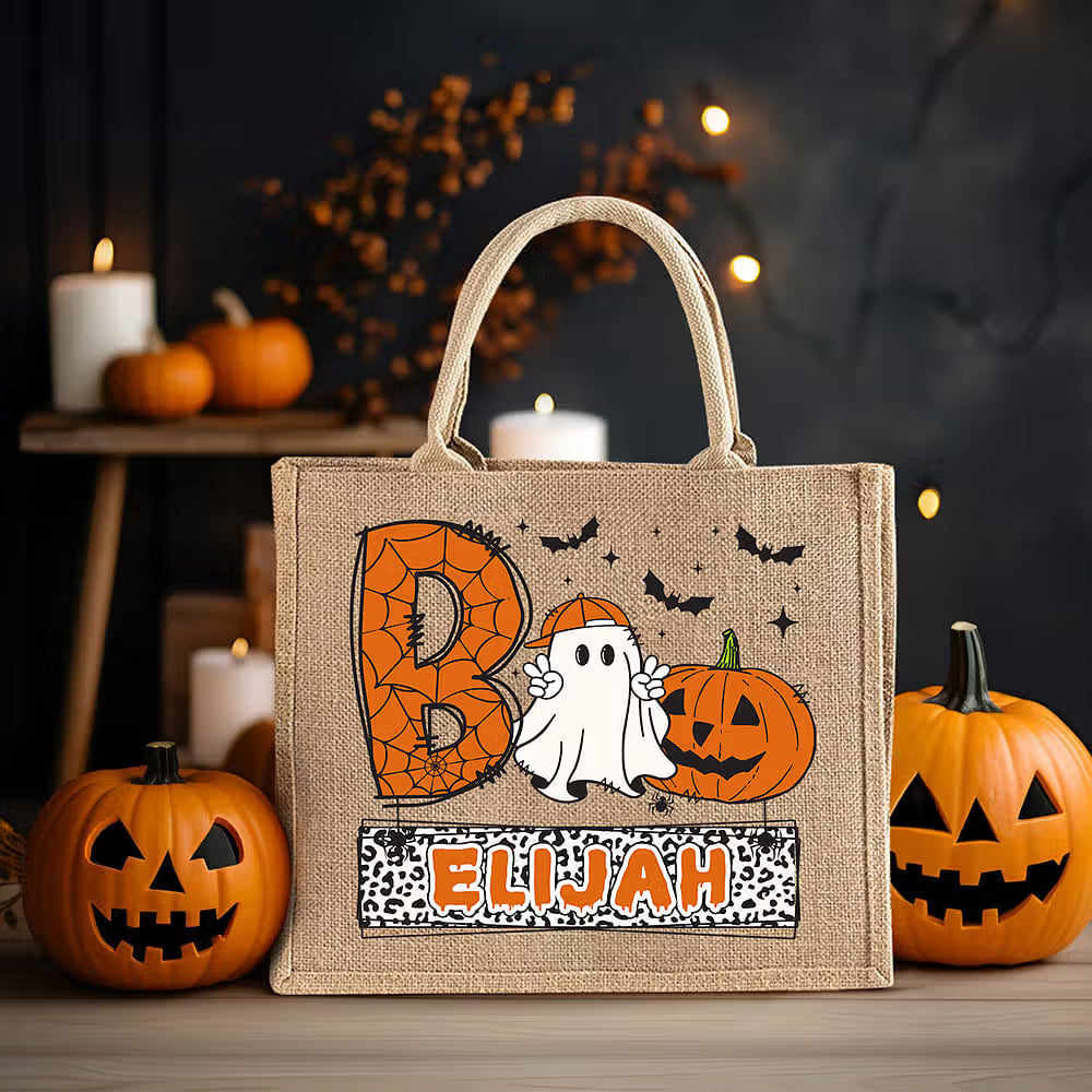 Personalized Playful Ghost Pumpkin Bat Large Jute Tote Bag with Name Halloween Trick or Treat Gift for Kid Boy Girl