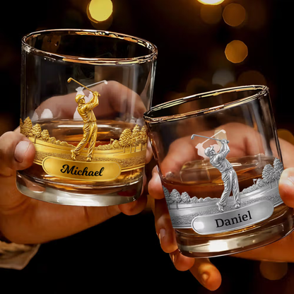 Personalised Golf Swing Character Name 10 oz Rock Old Fashioned Whiskey Glass Father's Day Birthday Gift for Man Golf Lover