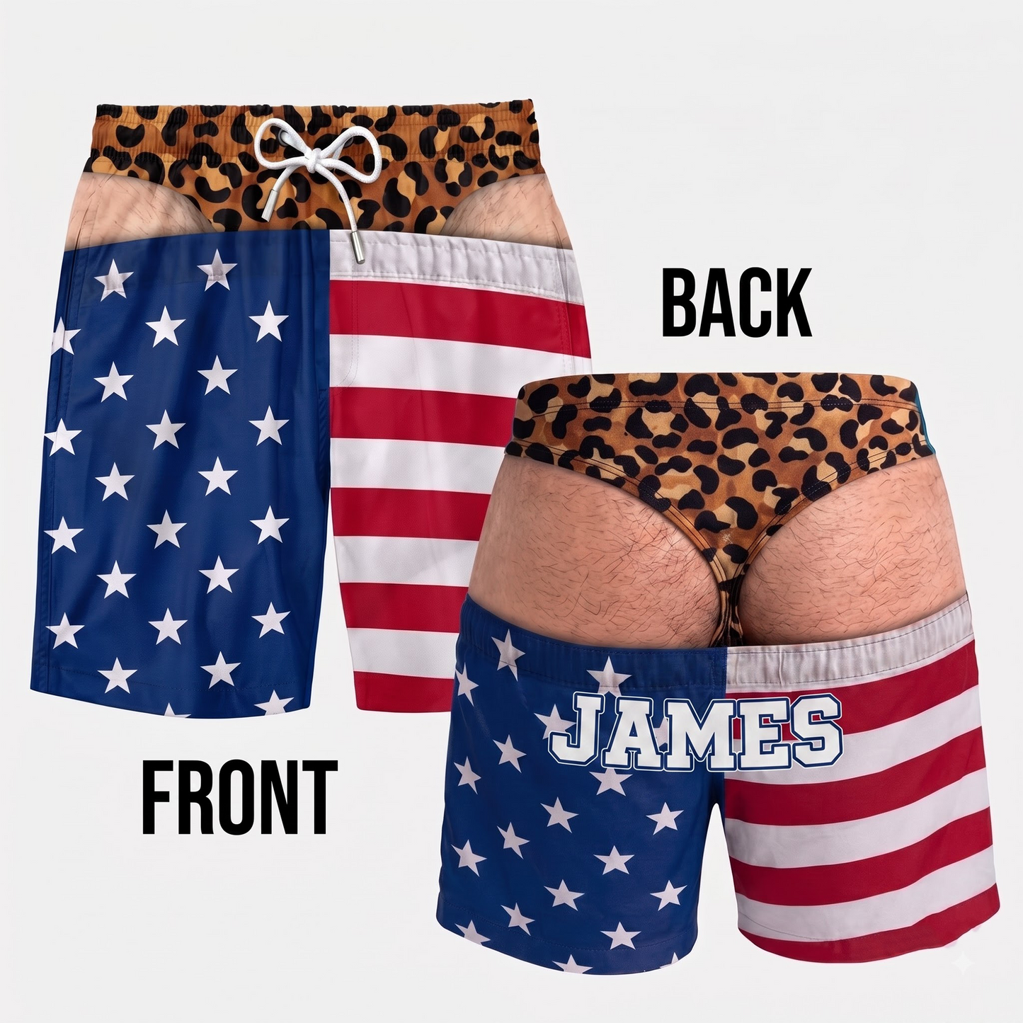 Custom Name Funny Men's Swim Trunks, Novelty Beach Shorts, Patriotic Summer Vacation Swimwear, Prank Gift for Men