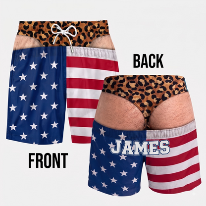 Custom Name Funny Men's Swim Trunks, Novelty Beach Shorts, Patriotic Summer Vacation Swimwear, Prank Gift for Men