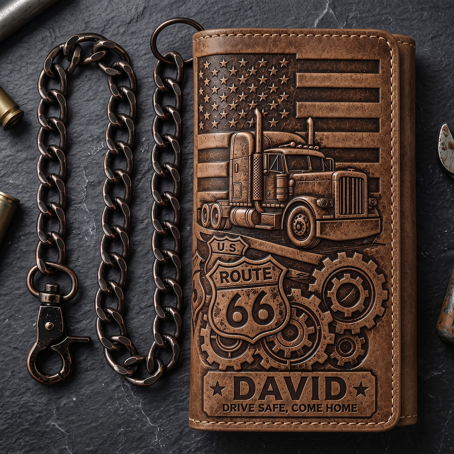 Personalized Truck Driver Leather Wallet with Chain – Custom Engraved Name, Route 66 Tri-Fold Wallet Gift for Husband, Dad & Biker